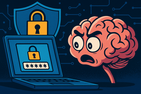 Illustration d’un mot de passe sécurisé représenté par un cadenas bleu lumineux, protégé contre un hacker symbolisé par un cerveau confus. Thème cybersécurité et protection des données.