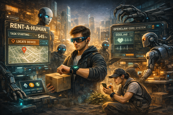 Scène cyberpunk où des humains exécutent des missions pilotées par une IA autonome dans une économie crypto futuriste.